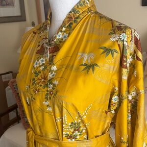 Golden Yellow Floral Satin Kimono Robe